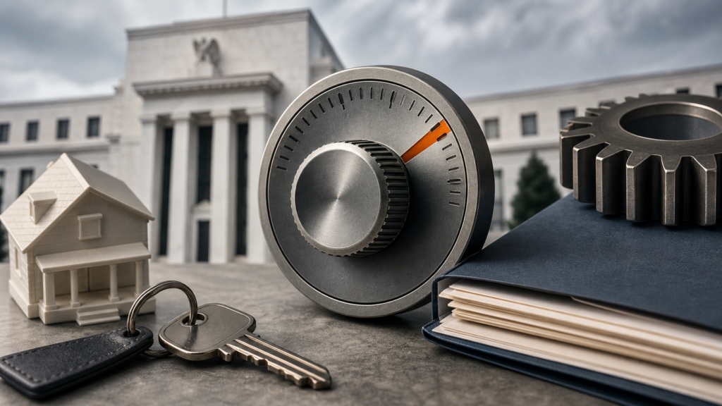 Interest-rate dial beside a house key and industrial gear, illustrating how Federal Reserve policy affects households and businesses