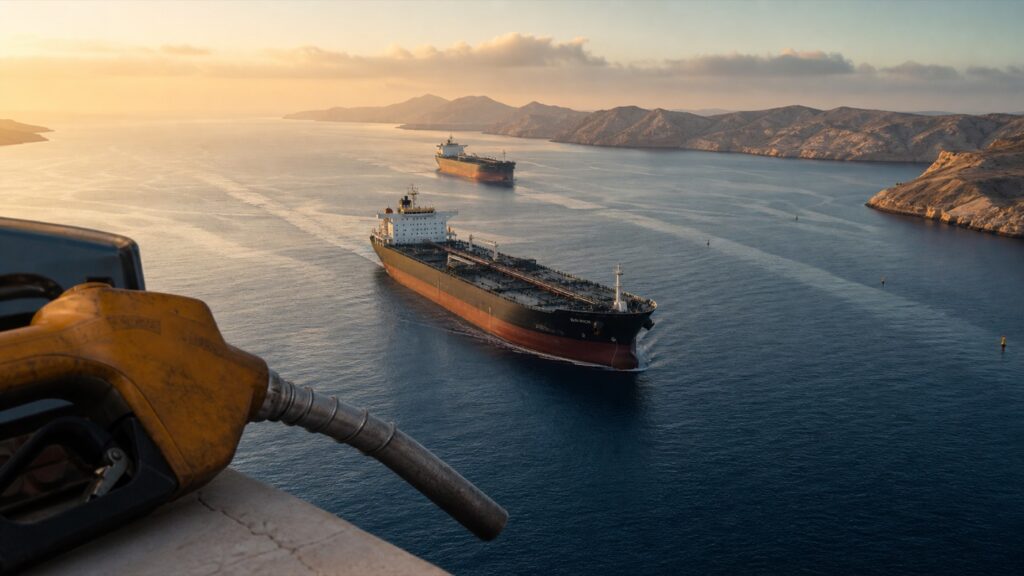 Oil tankers moving through a narrow sea passage beside a gasoline pump nozzle, illustrating the link between Strait of Hormuz shipping and U.S. fuel prices