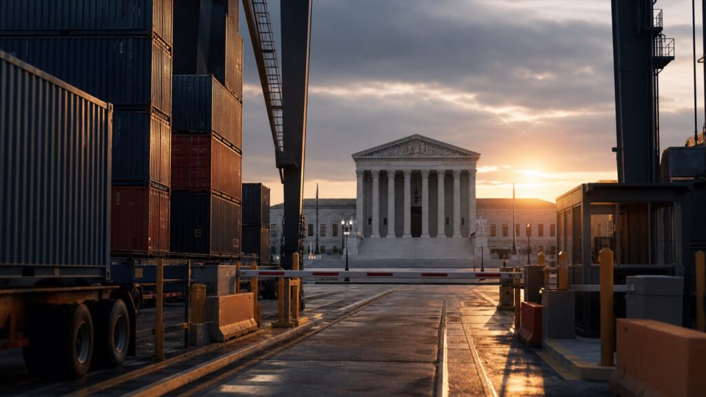 Cargo containers and a customs lane leading toward a courthouse, illustrating the legal challenge to new U.S. tariffs