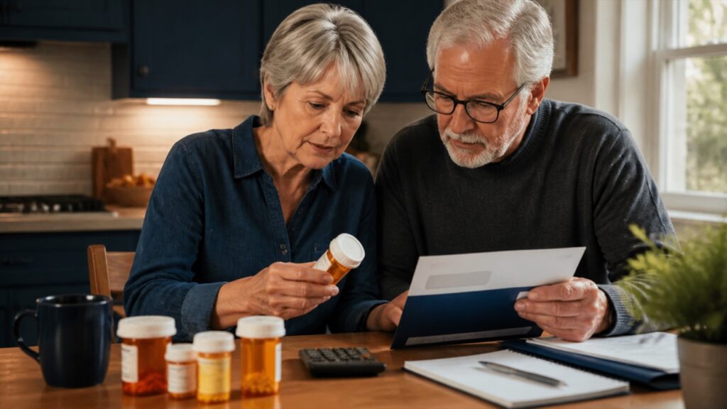 An older American couple reviewing prescription bottles, plan documents, and a calculator ahead of 2027 Medicare changes
