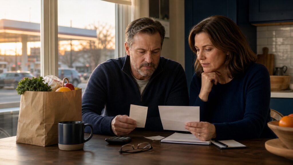 A middle-aged American couple reviews grocery, fuel, and household expenses at their kitchen table before the July inflation report