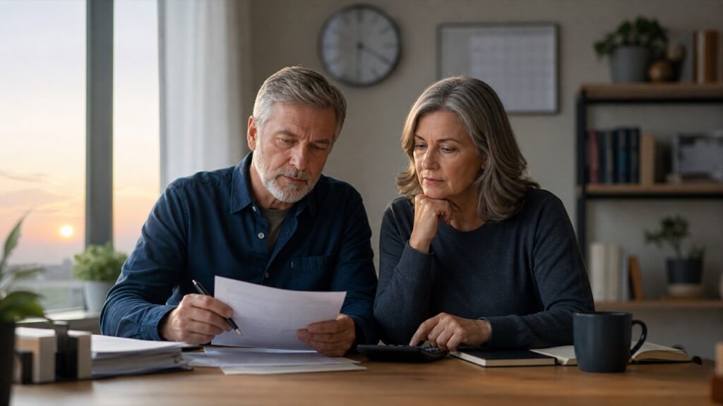 A couple approaching retirement reviews financial paperwork together in a home office at dawn
