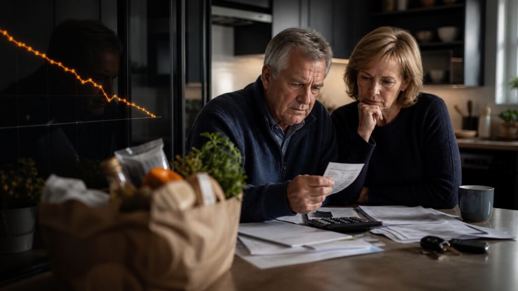 An older American couple reviews receipts and household bills as a subtle amber line suggests cooling inflation.