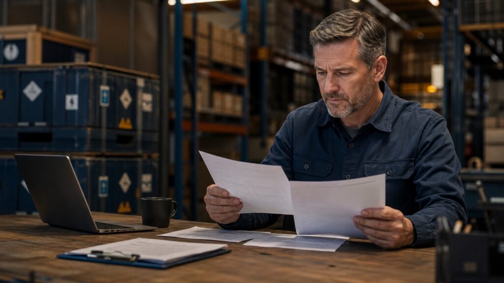 A small business owner reviews supplier invoices inside an American warehouse.