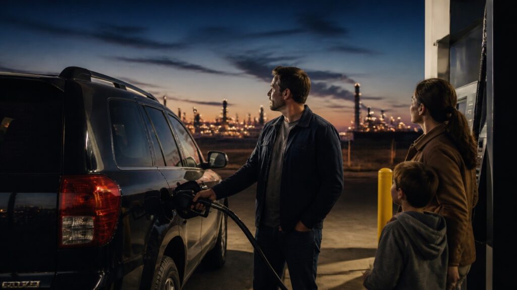 An American family fuels an SUV at dusk with refinery lights in the distance.