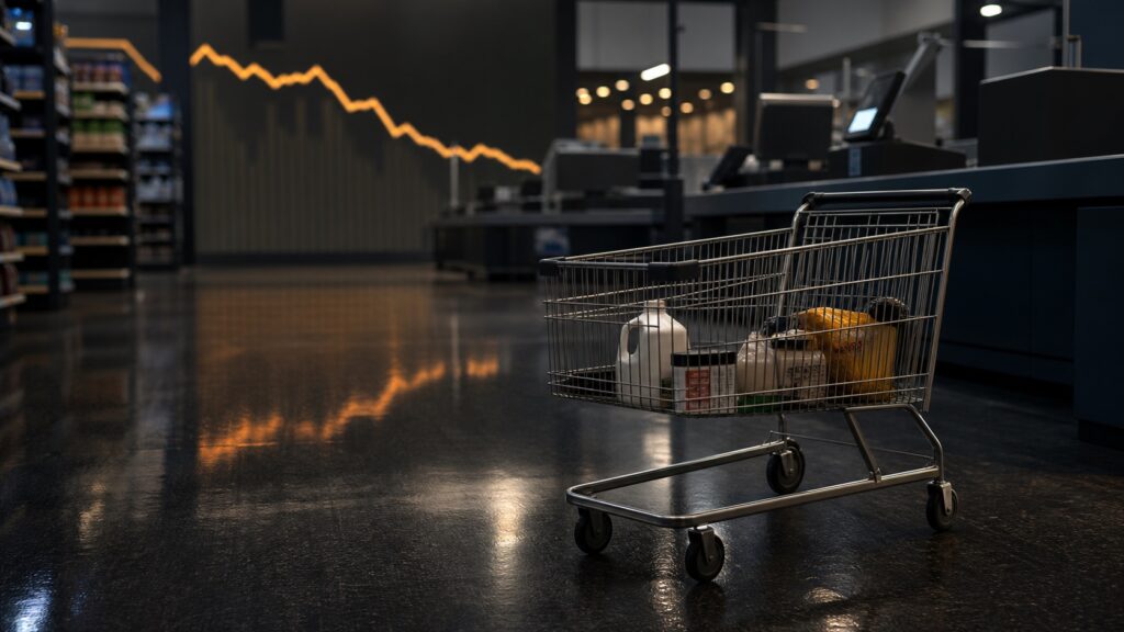 A lightly filled shopping cart beside American retail checkouts with a subtle declining data line in the background.