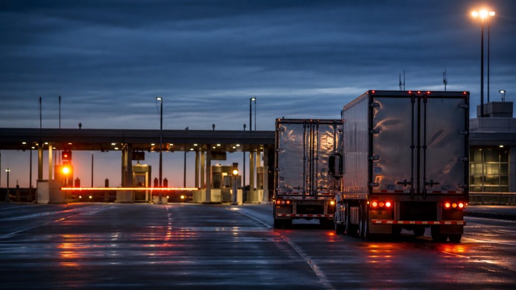 Two commercial trucks approach a U.S.–Canada border inspection point under amber lights at blue hour.
