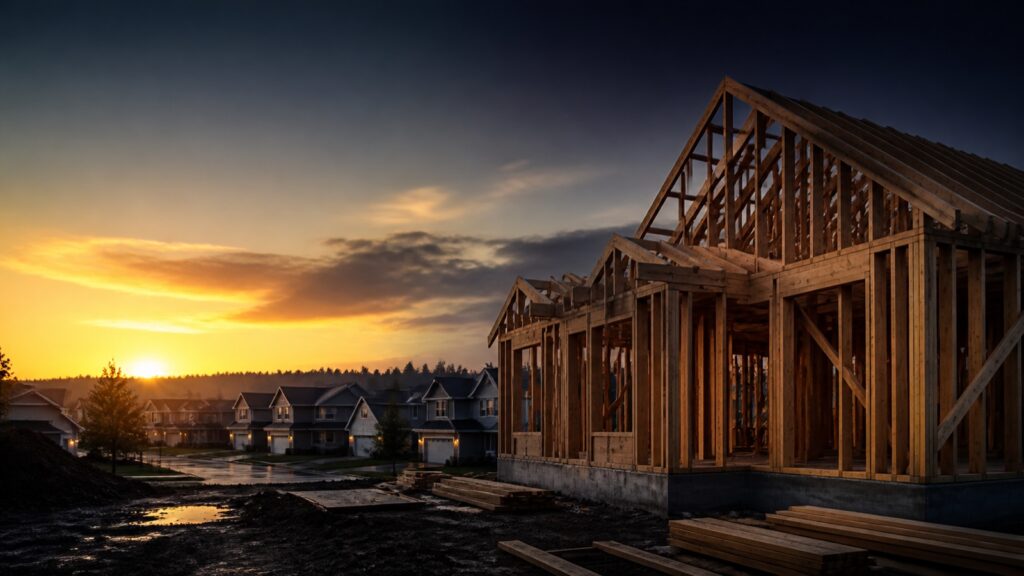 A partially framed American suburban house at dawn with construction materials and neighboring homes in the distance.