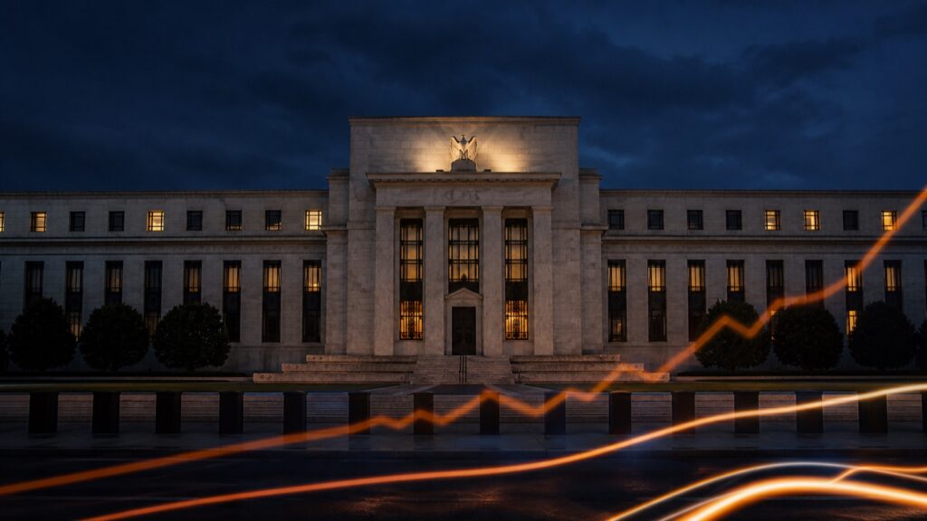 The Federal Reserve building at blue hour with restrained amber light trails suggesting upward pressure on interest rates.