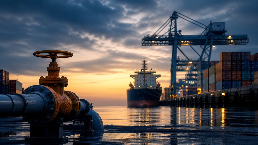 A U.S. cargo port at dawn with a tanker, freight containers and an industrial fuel pipeline valve in the foreground.