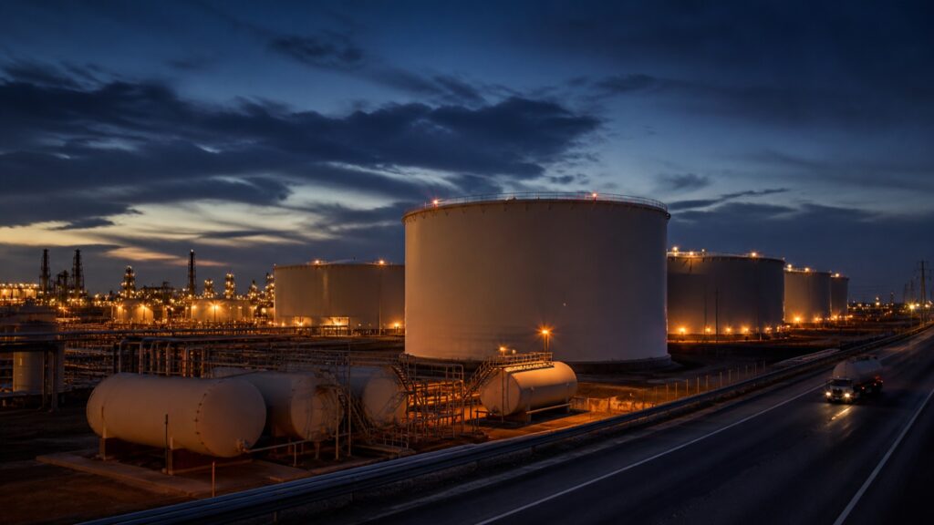 A large American fuel storage terminal beside a highway at twilight with refinery tanks, pipelines and a tanker truck.