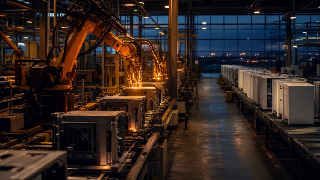 A modern American factory floor at blue hour with robotic machinery, metal equipment and a quieter consumer-goods production line.