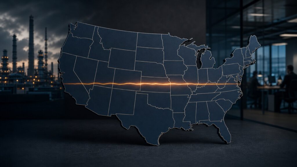 A uniformly dark map of the United States crossed by a restrained amber pulse line, with industrial and office workplaces in the background.