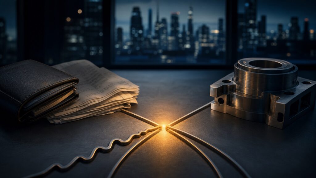 A household wallet, economic line and precision-machined component converging at a restrained amber light on a dark editorial desk.