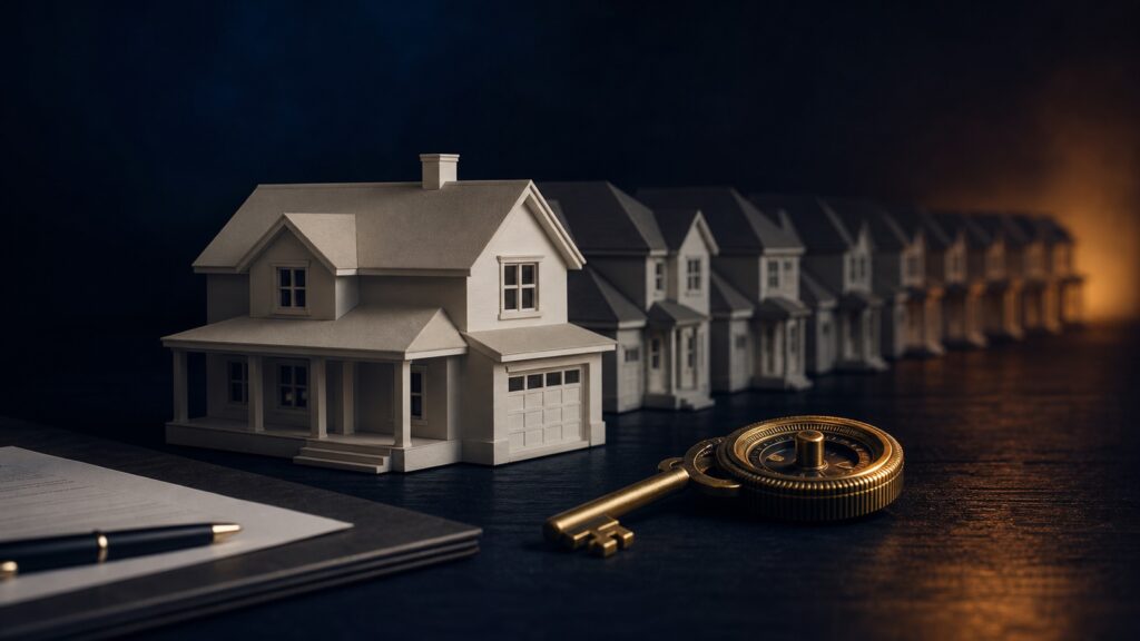 A model American home and a row of unsold houses beside a brass key and mortgage dial on a dark editorial desk.