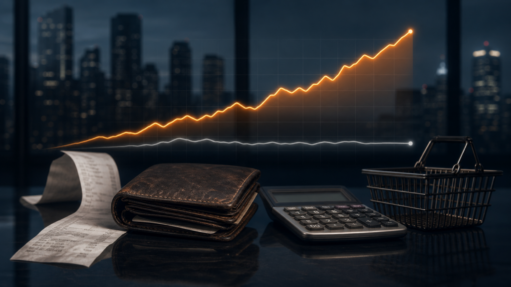 A household wallet, calculator and shopping basket beneath a rising amber inflation line and a flat spending line.