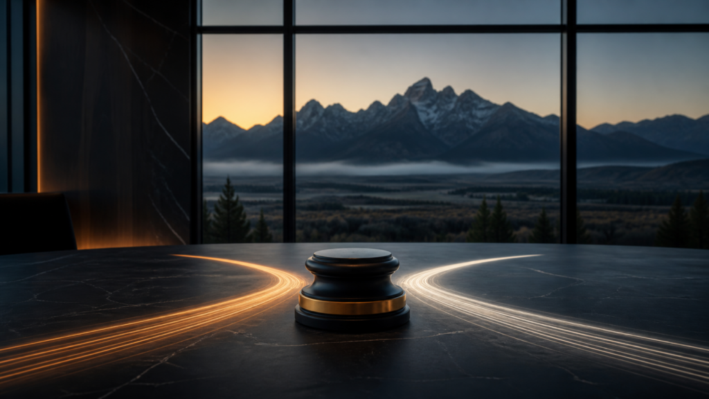 A dark policy desk at sunrise overlooking the Jackson Hole mountains, with amber and ivory paths diverging around a central decision point.