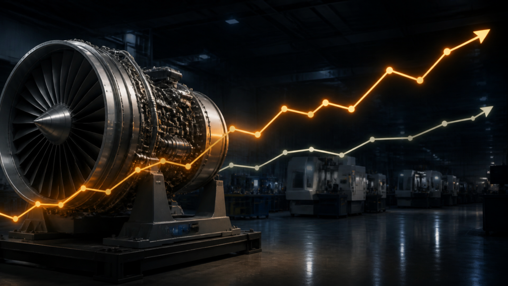 A large aircraft turbine on a dark factory floor beside an amber production line rising faster than a restrained ivory line.