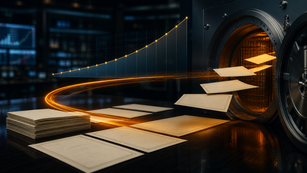 Blank bond papers moving along an amber circular path into a secure vault beside a rising long-term yield curve on a dark trading desk.
