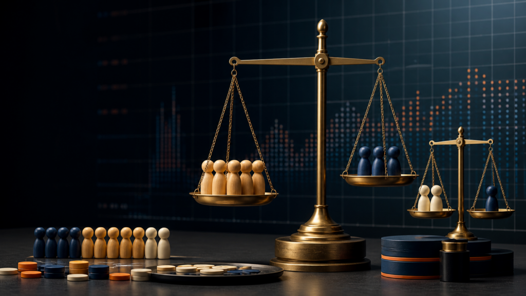 A calibrated brass balance compares private- and government-sector employment markers against a dark economic data grid.
