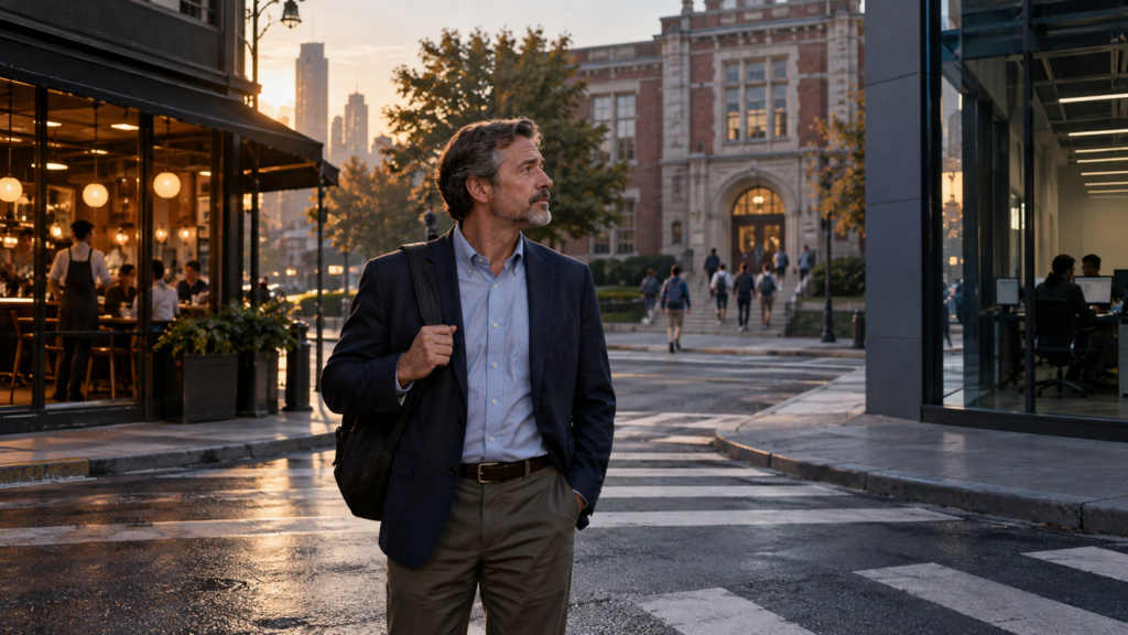 A middle-aged American worker stands between a busy restaurant, a public school and a technology office, reflecting uneven hiring across sectors.