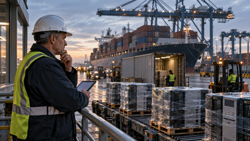 A middle-aged U.S. logistics manager watches computer equipment move through a busy container port.