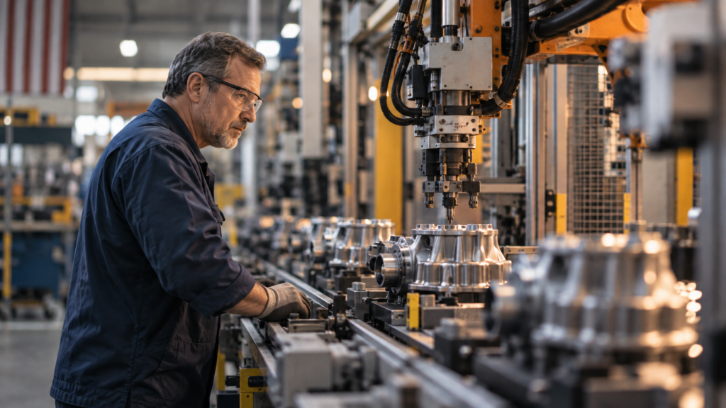 An experienced American manufacturing technician works beside an automated production line, illustrating the balance between labor and productivity.