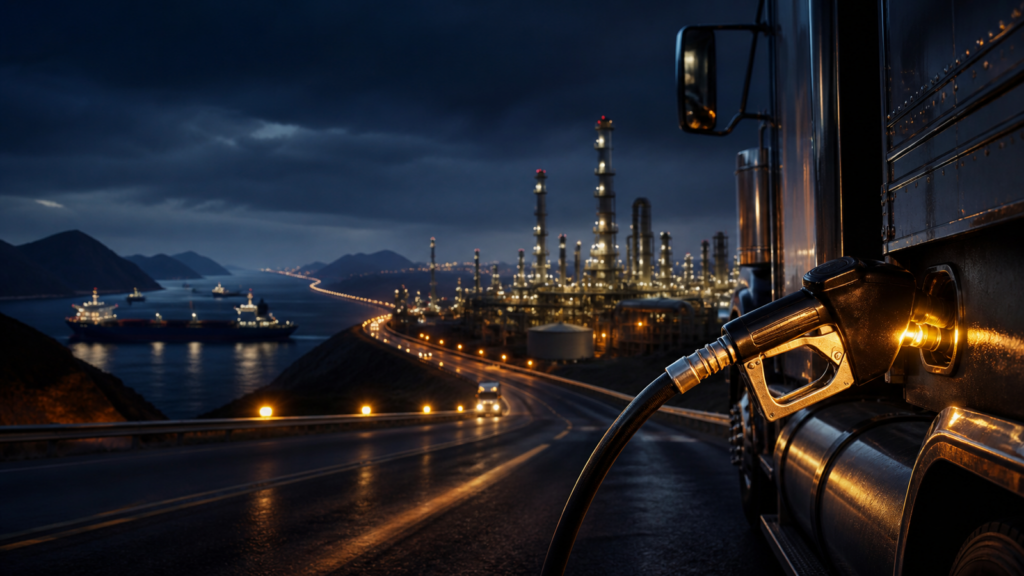 A diesel nozzle beside a freight truck overlooks a refinery, highway and oil tankers at night, illustrating linked shipping and fuel-cost risks.