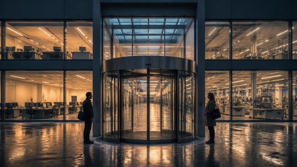 Two workers wait on opposite sides of a nearly motionless revolving door between illuminated but mostly empty office and manufacturing spaces.