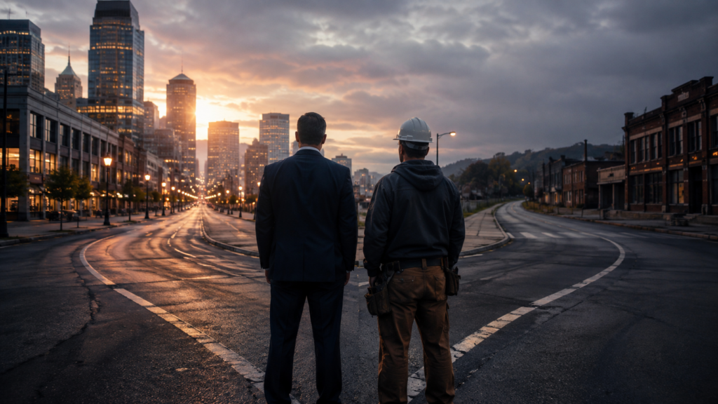 Two workers stand at a fork between a brightly active city district and a quieter commercial corridor, illustrating uneven local job markets.