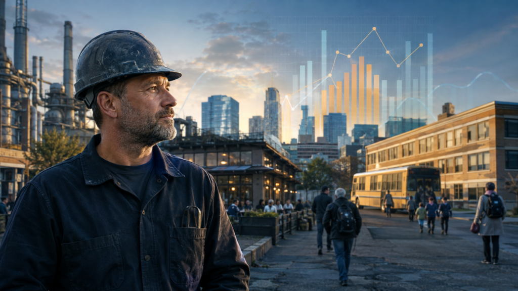 A middle-aged American industrial worker looks across a mixed factory, service and education economy at sunrise.