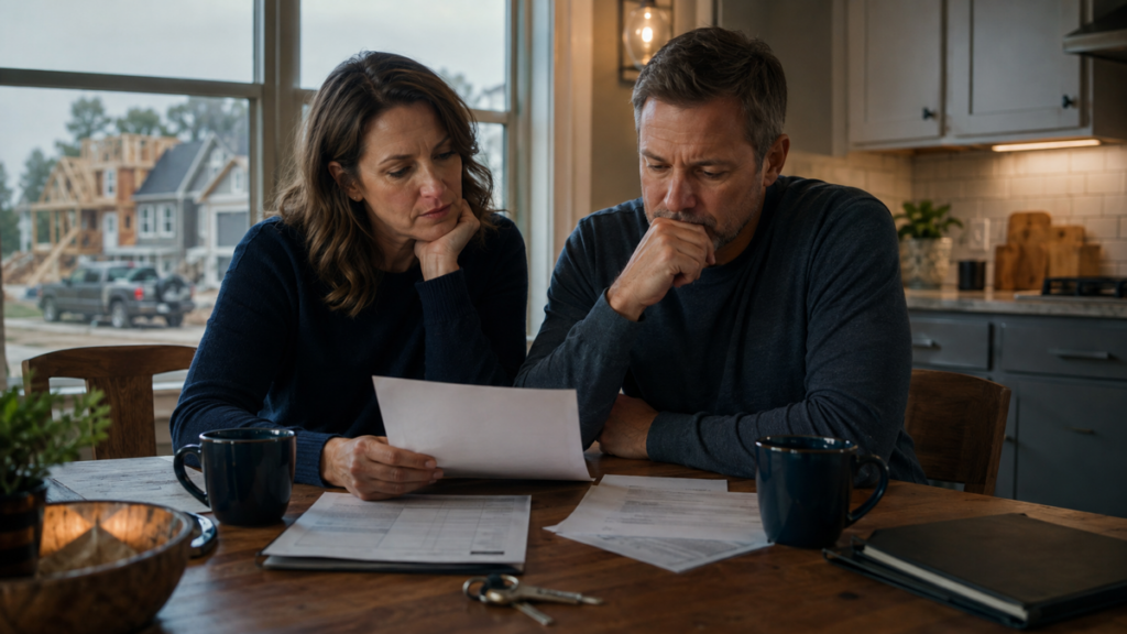 A middle-aged American couple reviews mortgage documents at a kitchen table while new homes are built nearby.