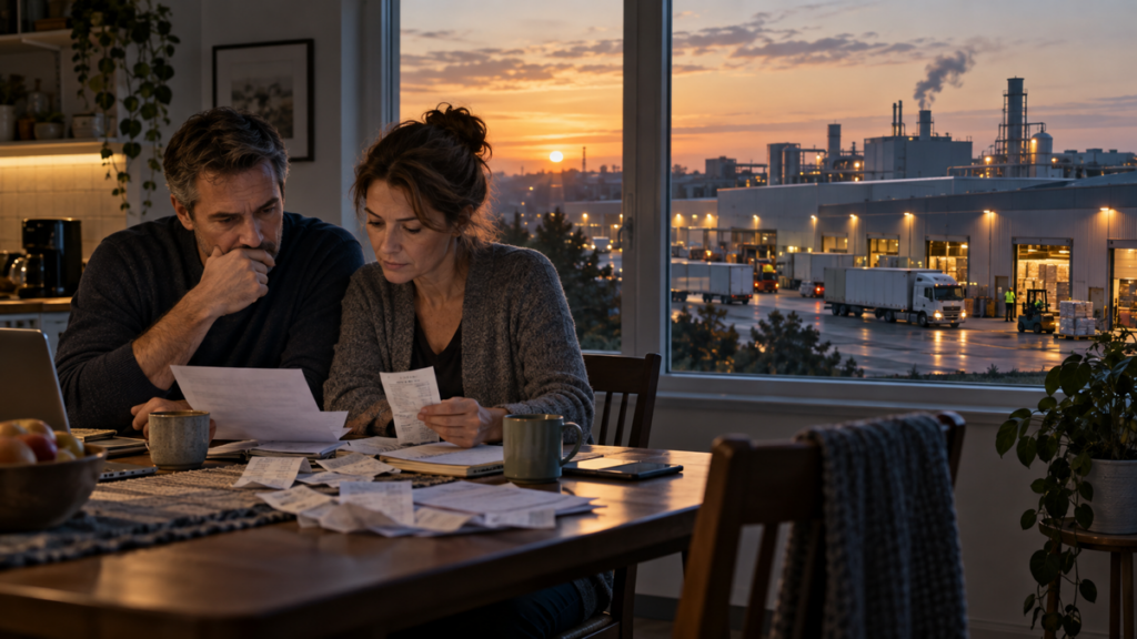 A middle-aged American couple reviews household bills at a kitchen table while an active manufacturing plant operates beyond the window.