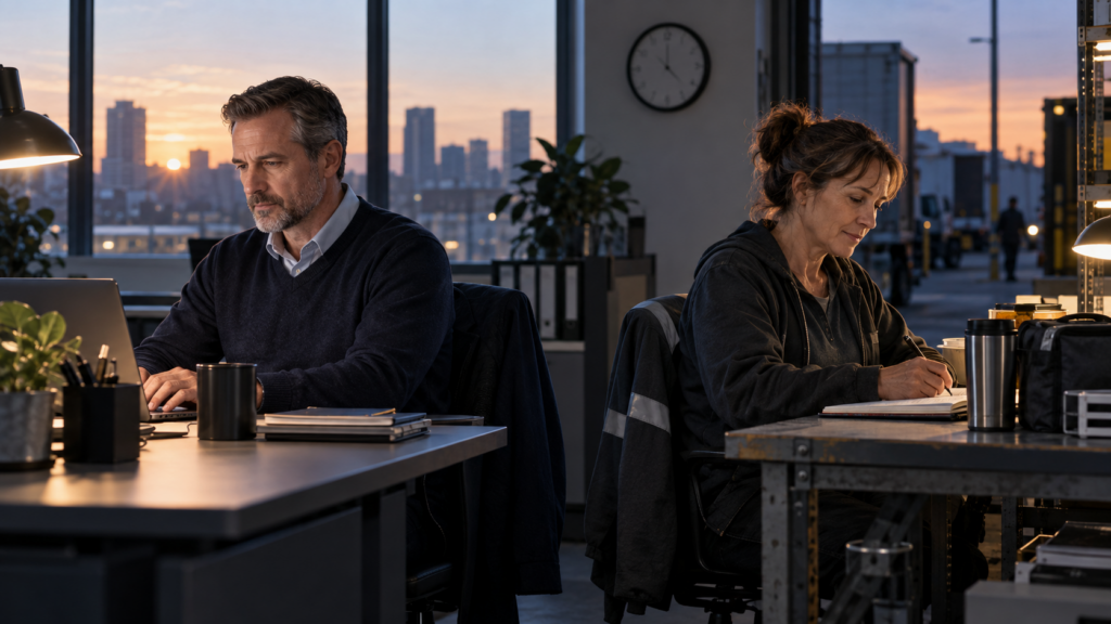Two middle-aged American employees work at parallel stations, illustrating the compensation divide between full-time and part-time jobs.