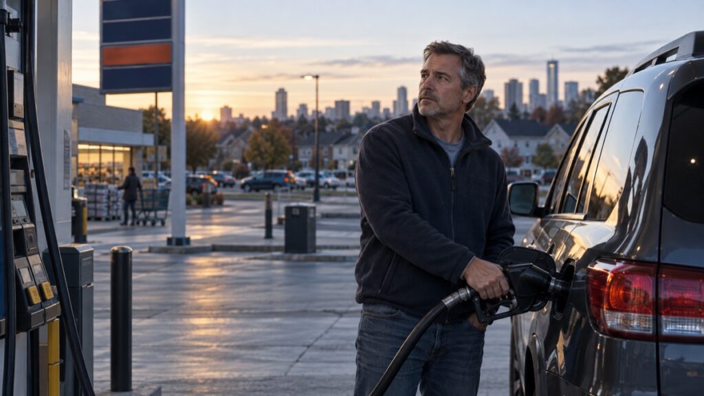 A middle-aged American driver fills a family vehicle at a gas station as rising fuel costs pressure household budgets.