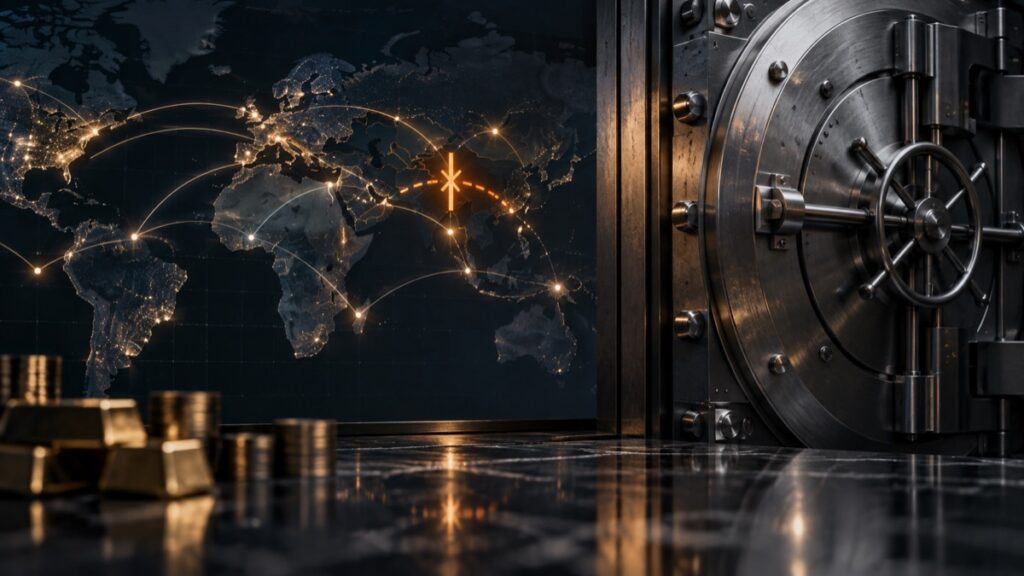 A sealed bank vault beside a global transaction map with an amber-lit payment route blocked between Eastern Europe and the Middle East.