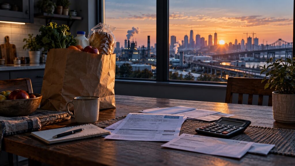 Groceries, bills and a calculator on a kitchen table overlooking an American industrial skyline at sunrise.