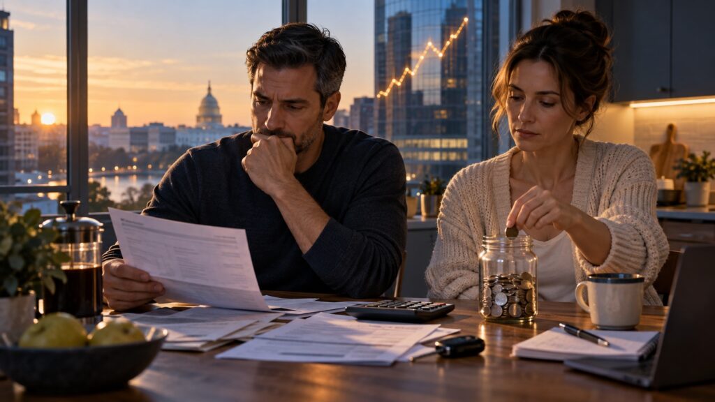 A couple reviews household bills while adding coins to savings as an amber market line rises over a Washington skyline.