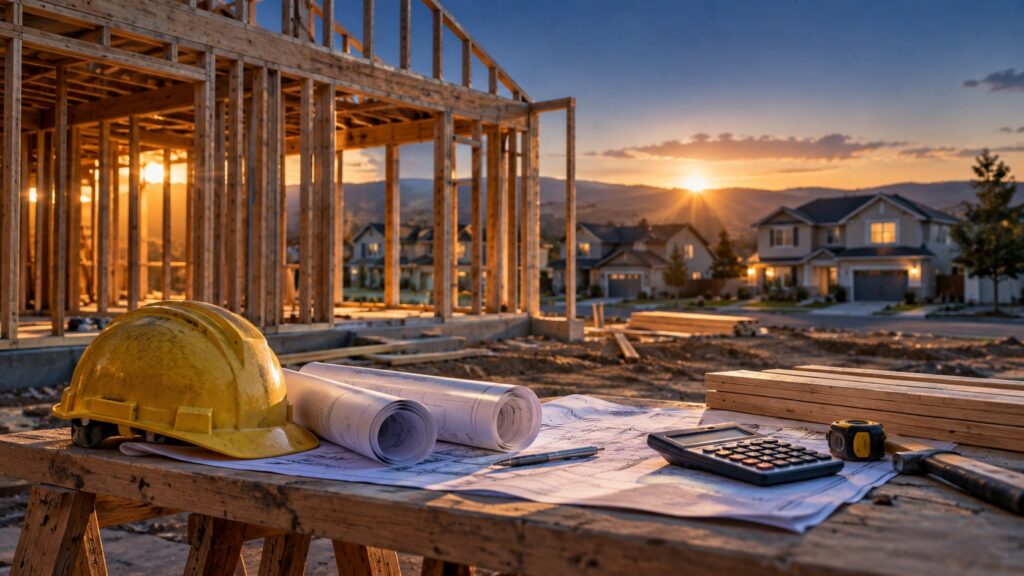 New-home construction at sunset with a mortgage-rate chart, illustrating the split housing market.